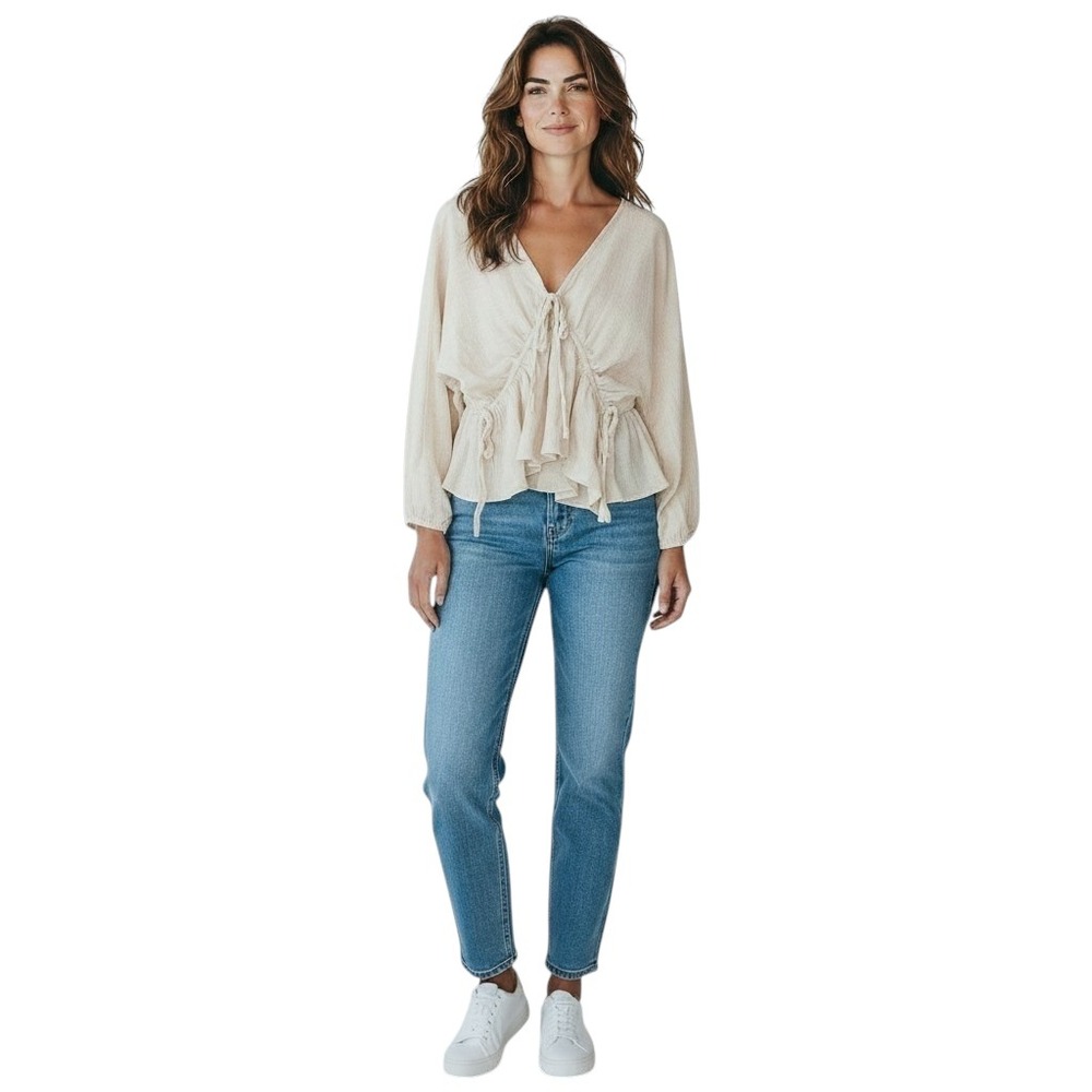 ASOS Design Oatmeal Cotton Linen Top US 6 Tie Front Smock Peplum Blouse Balloon